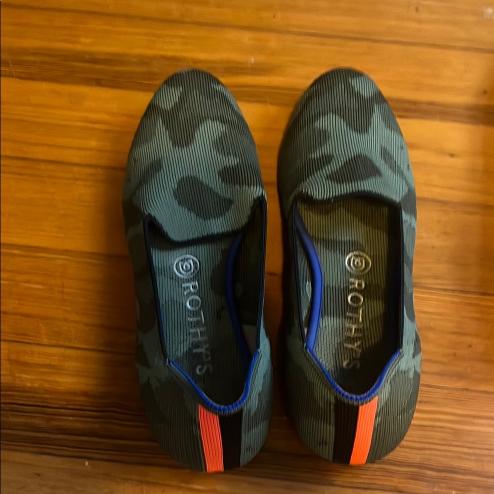 Rothy's Green Camouflage Flats with Orange Stripe